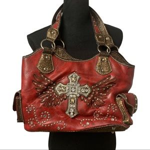 no label faux leather red bag with gem and metal silver cross
